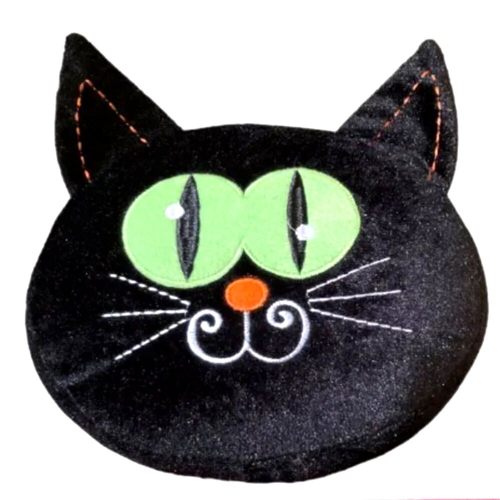 Velvet Kitty Cat Pillow Black Green Orange White Embroidered 10 x 2 x 8 inches